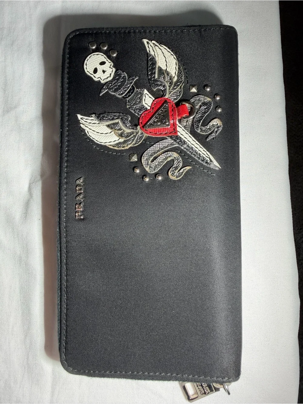 Prada Black Wallet with Embroidered Wing, Dagger & Red Heart Accent